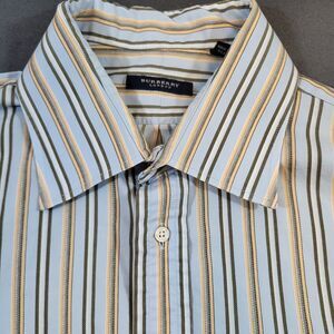 Burberry London Mens Dress Shirt 17.5R Blue Striped 100% Cotton Long Sleeve
